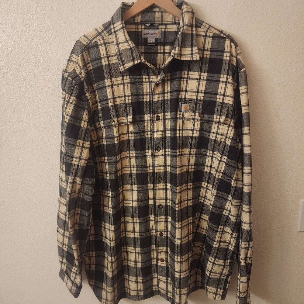 EUC Carhartt Black / Cream Plaid Flannel Button Up Shirt Mens 2XL Tall